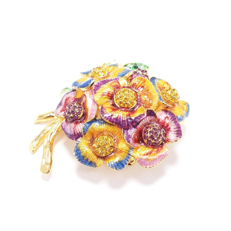 Jay Strongwater Pansy Flower Bouquet Enamel and Crystal Brooch, Pin, Pendant