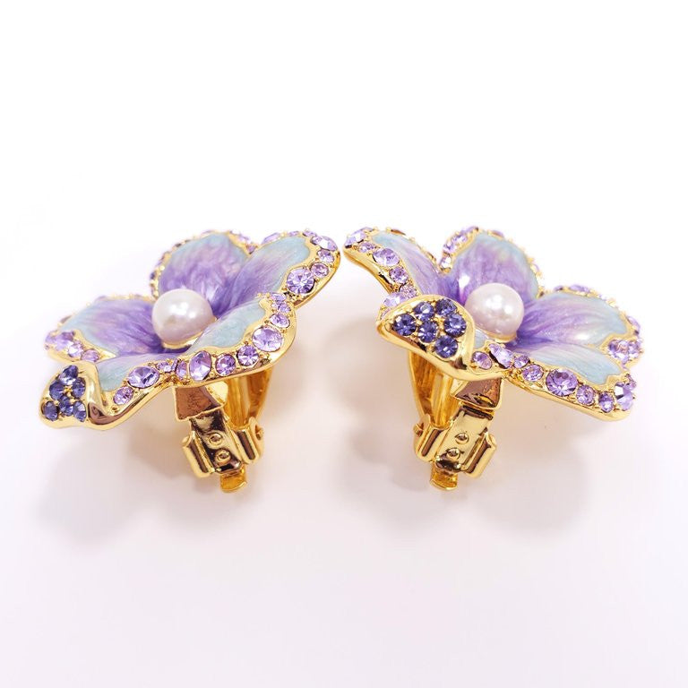 Jay Strongwater “Spring Blossom” Enamel Crystal & Simulated Pearl Clip Earrings