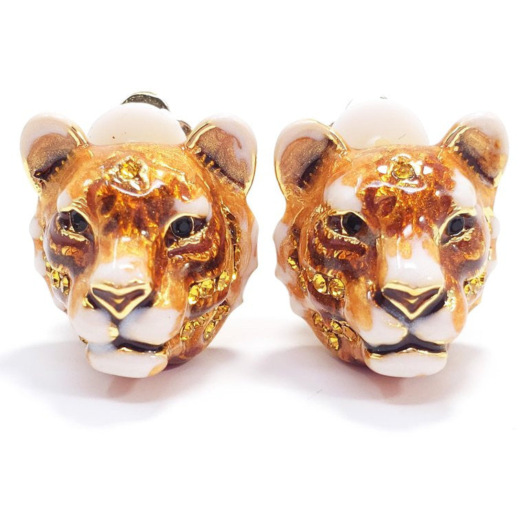 Jay Strongwater "Delightful" Enamel Tiger Head Clip On Earrings in Gold
