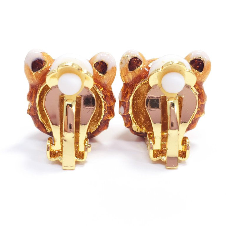 Jay Strongwater "Delightful" Enamel Tiger Head Clip On Earrings in Gold