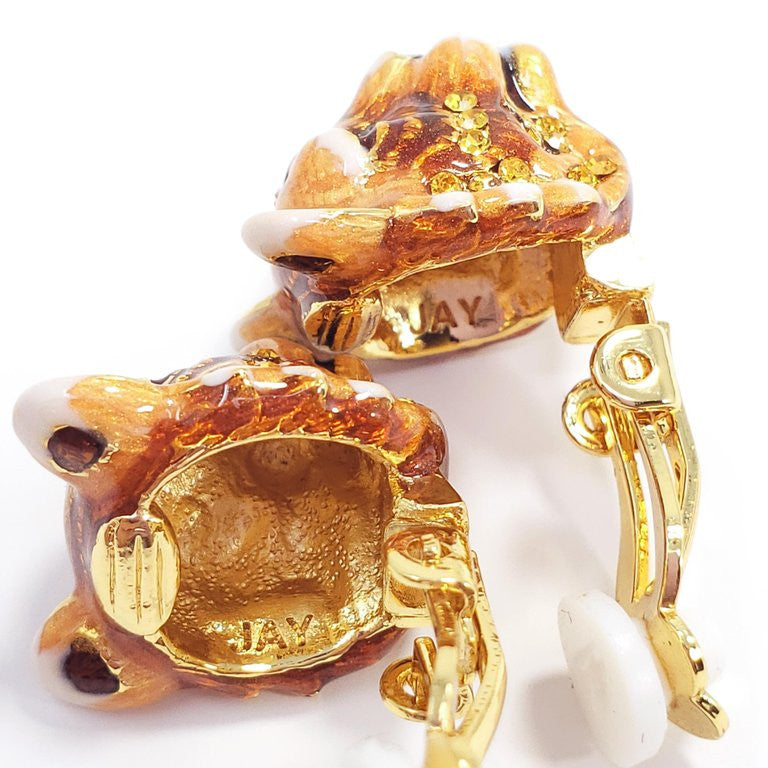 Jay Strongwater "Delightful" Enamel Tiger Head Clip On Earrings in Gold