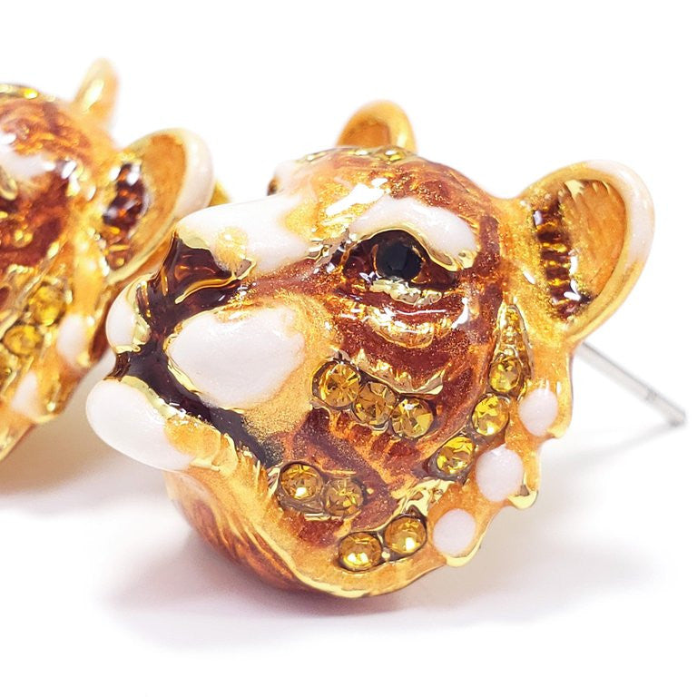 Jay Strongwater "Delightful" Enamel Tiger Head Post Earrings in Gold