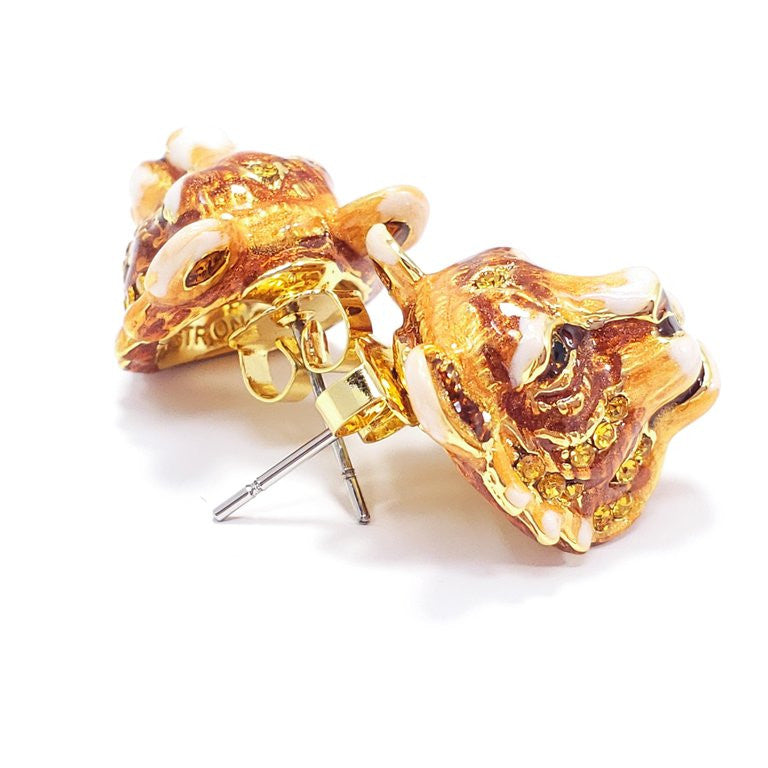 Jay Strongwater "Delightful" Enamel Tiger Head Post Earrings in Gold