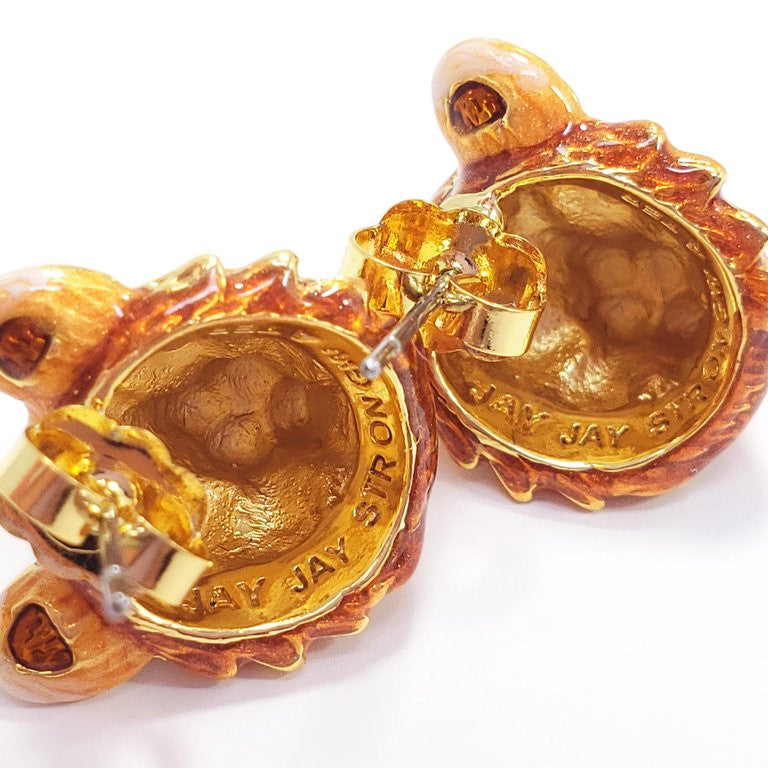 Jay Strongwater "Delightful" Enamel Tiger Head Post Earrings in Gold