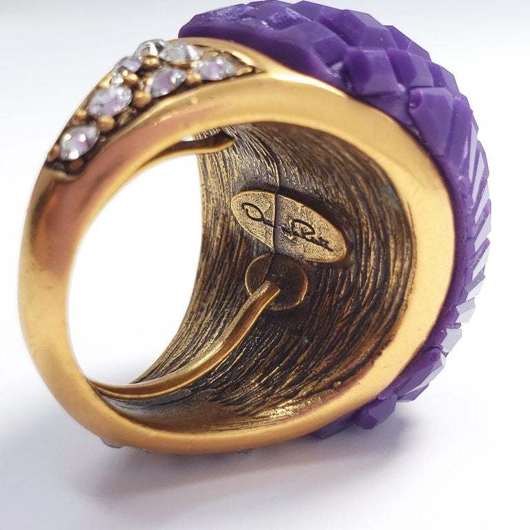 Oscar de la Renta Carved Purple Resin and Crystal Ring in Antique Brass Tone