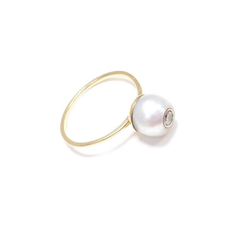 Tahitian Pearl and Bezel Diamond 14 Karat Gold Ring, Band