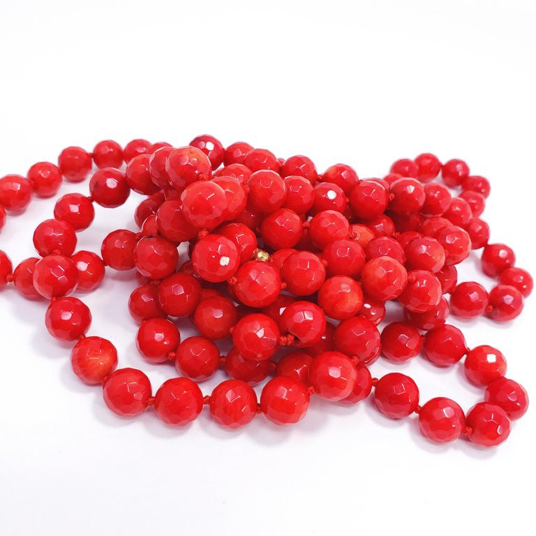 Faceted Sea Coral Bead Long Rope Necklace, Genuine  Coral 70"