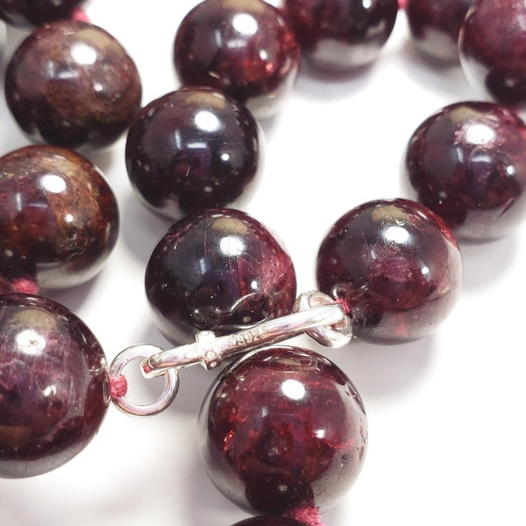 Garnet 12.5mm Bead Knotted String Necklace, Sterling Silver S Hook Clasp