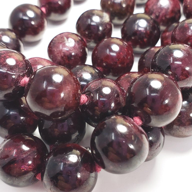 Garnet 12.5mm Bead Knotted String Necklace, Sterling Silver S Hook Clasp