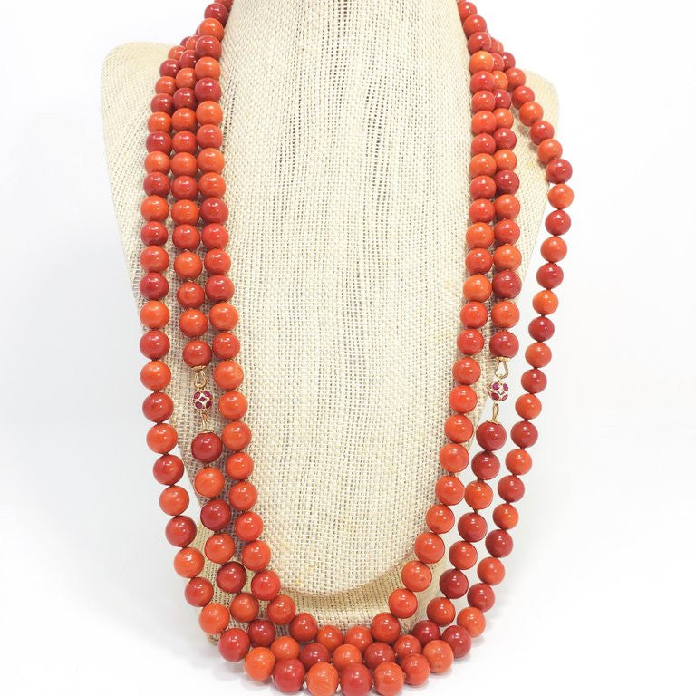 Salmon Coral Triple Strand Bead Necklace, 14 Karat Gold Ruby Diamond Clasp