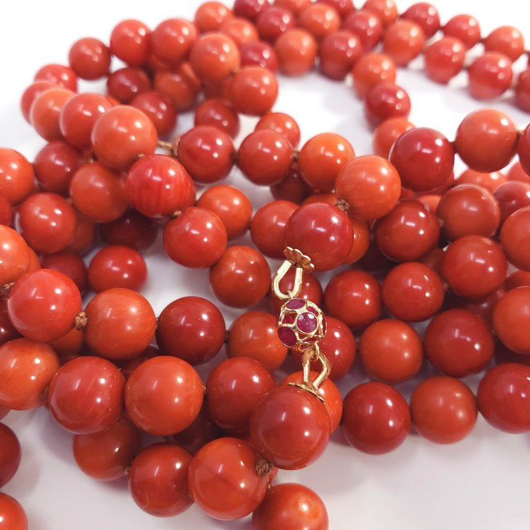 Salmon Coral Triple Strand Bead Necklace, 14 Karat Gold Ruby Diamond Clasp