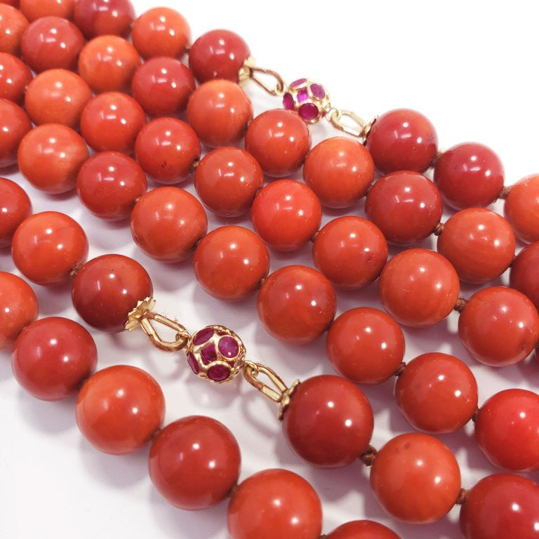 Salmon Coral Triple Strand Bead Necklace, 14 Karat Gold Ruby Diamond Clasp