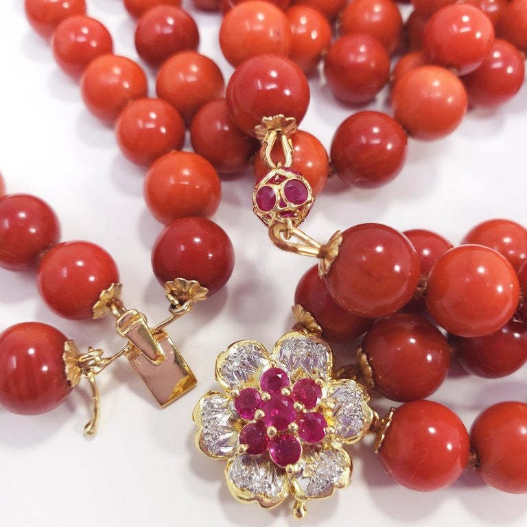 Salmon Coral Triple Strand Bead Necklace, 14 Karat Gold Ruby Diamond Clasp