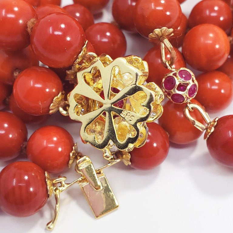 Salmon Coral Triple Strand Bead Necklace, 14 Karat Gold Ruby Diamond Clasp