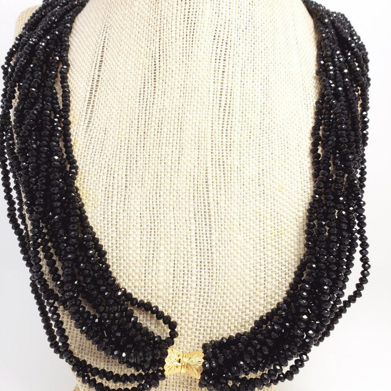 12 Strand Black Spinel Bead Necklace with 14K Yellow Gold Clasp