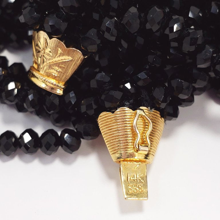 12 Strand Black Spinel Bead Necklace with 14K Yellow Gold Clasp