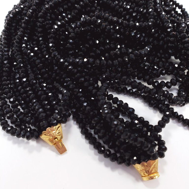 12 Strand Black Spinel Bead Necklace with 14K Yellow Gold Clasp