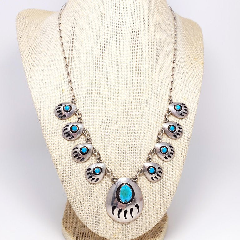 Native American Bear Claw Link Sterling Silver Turquoise Pendant Necklace