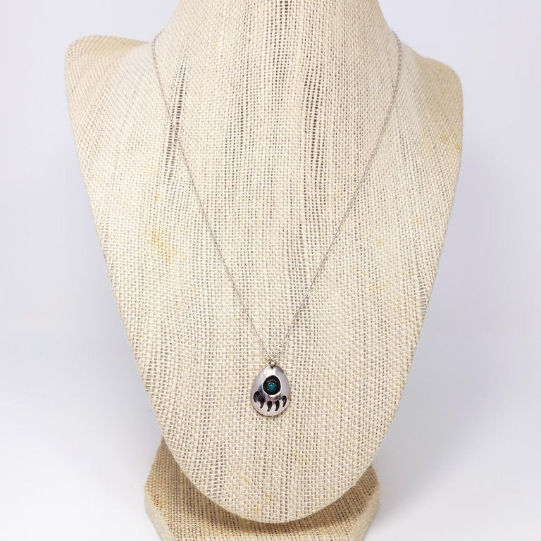 Native American Bear Claw Sterling Silver and Turquoise Pendant Necklace