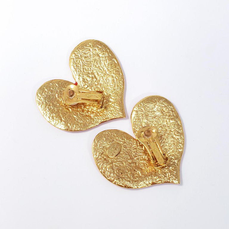 Oscar de la Renta Painted Red Heart Clip On Earrings, Goldtone