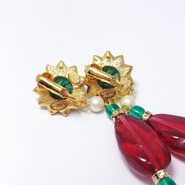 KJL Kenneth Jay Lane Emerald and Ruby Crystal Clip on Dangling Earrings Goldtone