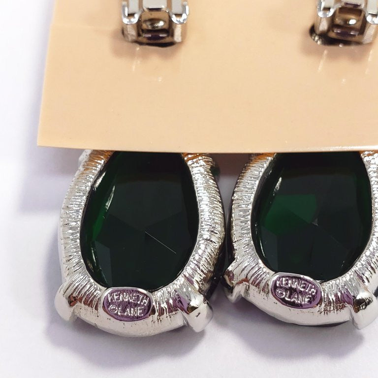 KJL Kenneth Jay Lane Emerald Teardrop Crystal Clip on Dangling Silver Earrings