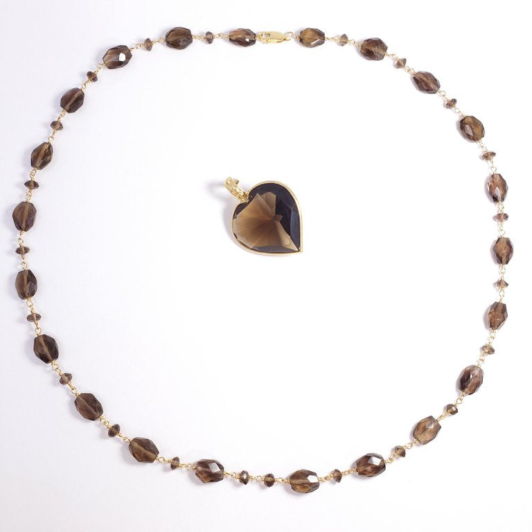 Faceted Quartz Heart Pendant and Beaded Necklace in 14 Karat Yellow Gold