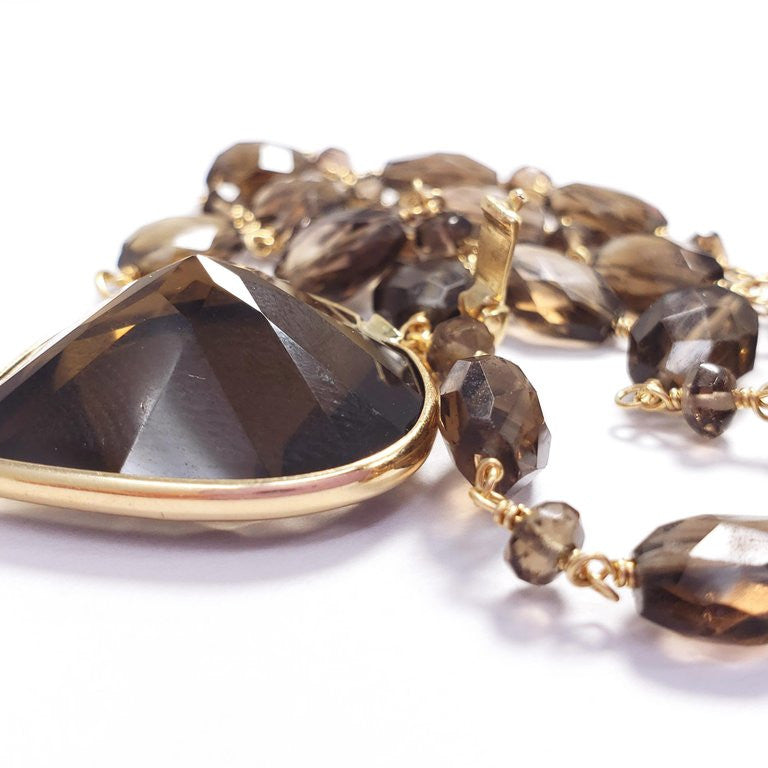 Faceted Quartz Heart Pendant and Beaded Necklace in 14 Karat Yellow Gold