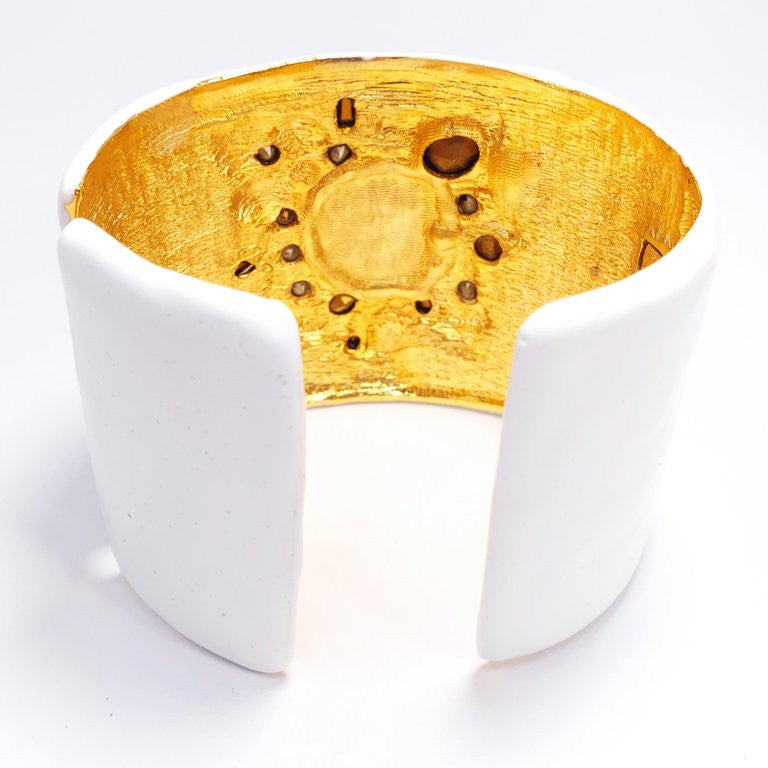 KJL Kenneth Jay Lane Jeweled Maltese Cross, White Enamel Hinged Cuff Bracelet