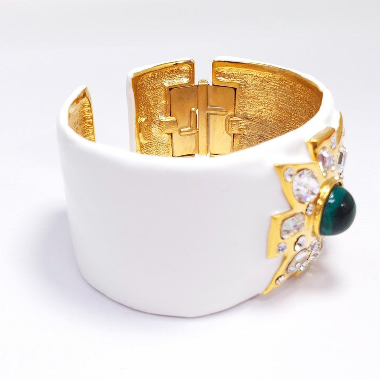 KJL Kenneth Jay Lane Crystal Maltese Cross, White Enamel Hinged Cuff Bracelet