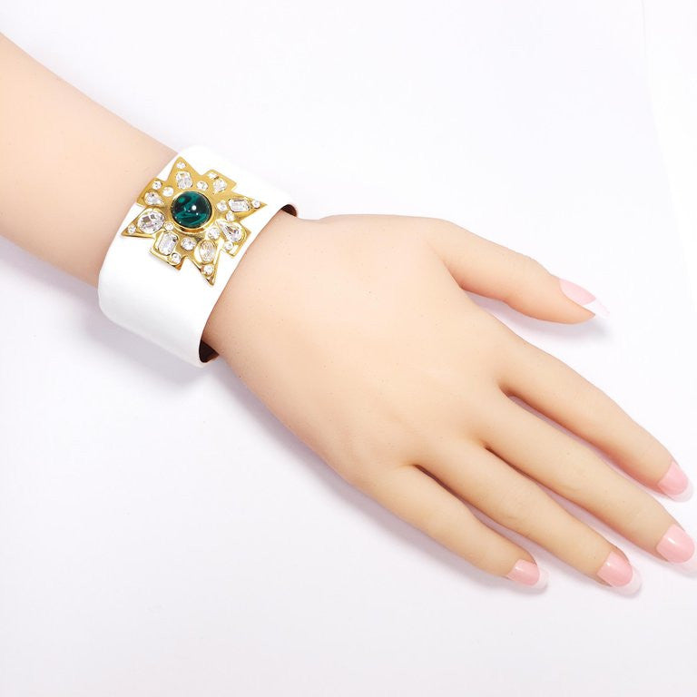 KJL Kenneth Jay Lane Crystal Maltese Cross, White Enamel Hinged Cuff Bracelet