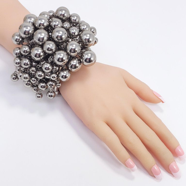 Oscar de la Renta Silver Metallic Sphere Embellished Cluster Bangle Bracelet