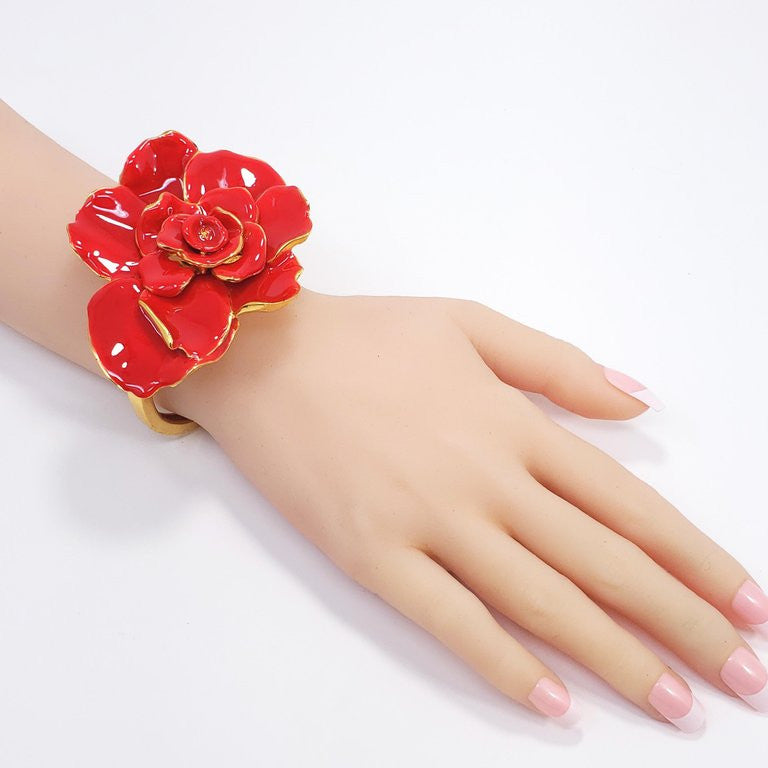 Oscar de la Renta Big Bold Painted Red Rose Hinged Bracelet in Gold