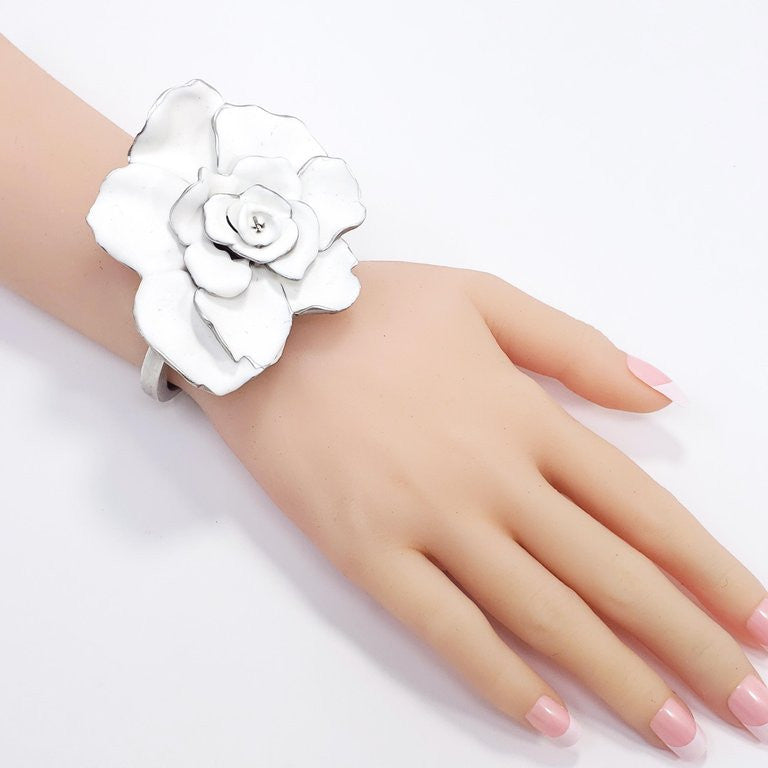 Oscar de la Renta Big Bold White Satin Rose Hinged Bracelet in Silvertone