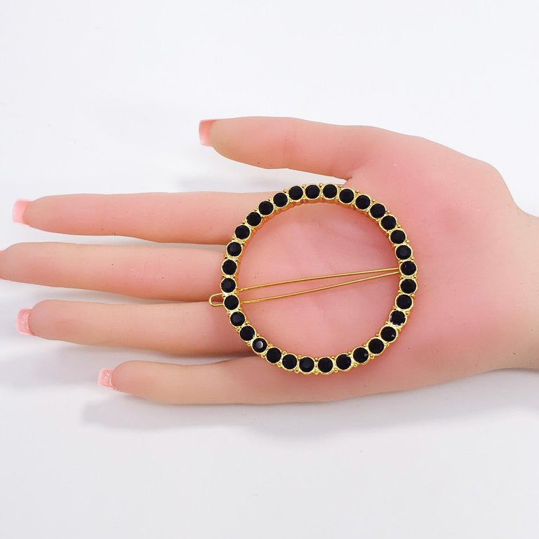 Oscar de la Renta Round Pave Black Crystal Dress/Hair Clip in Gold