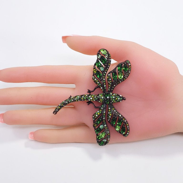 KJL Kenneth Jay Lane Embellished Green Crystal Dragonfly Pin, Dark Gunmetal