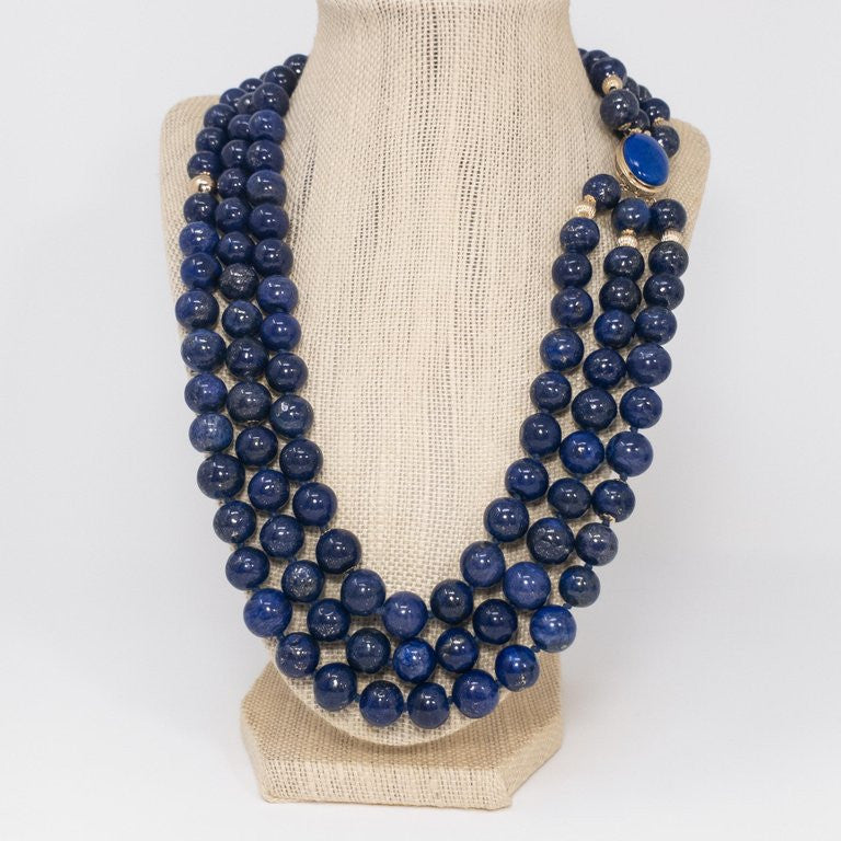 Lapiz Lazuli Triple Strand Knotted String Bead Necklace 14K Gold Clasp, Accents