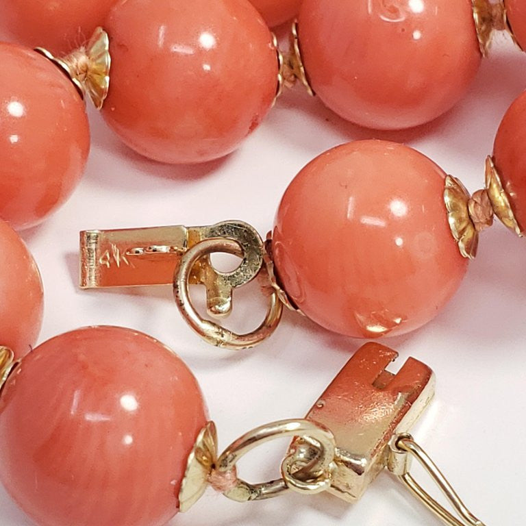 Genuine Salmon Coral Bead Knotted String Long Necklace with 14 Karat Yellow Gold