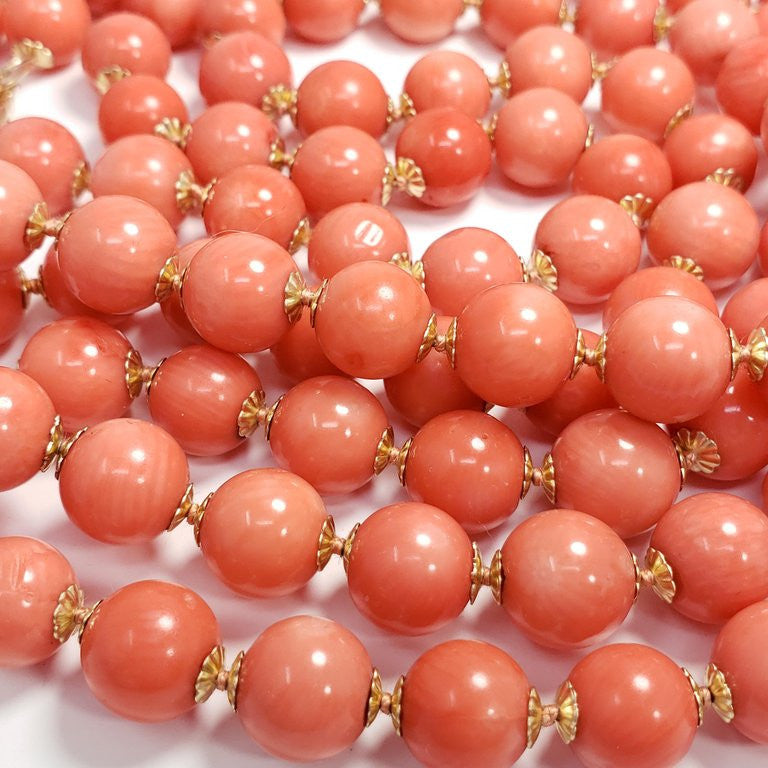 Genuine Salmon Coral Bead Knotted String Long Necklace with 14 Karat Yellow Gold