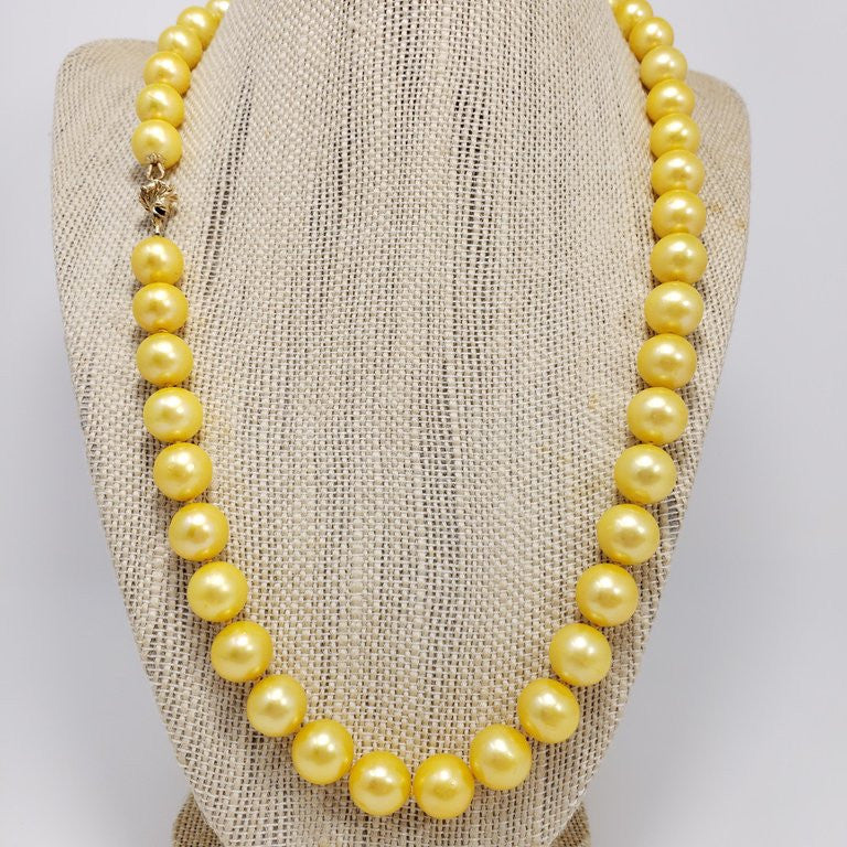 Genuine South Sea Pearl Bead Knotted String Necklace with 14 Karat Yellow Gold