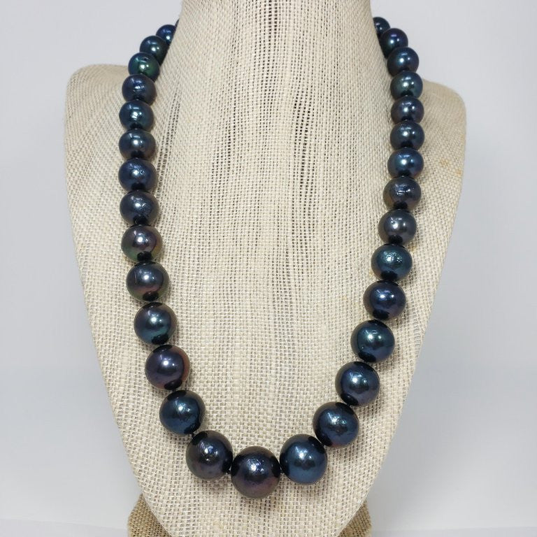 Blue-Green Tahitian Pearl Beaded Necklace with Sterling Silver Clasp, 52 cm Long