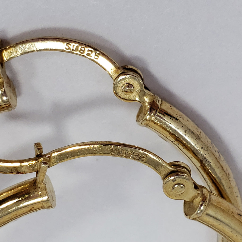 Vermeil 3cm Hoop Earrings Signed 925 Sterling Silver Gold Plated, Snap Lever Closure