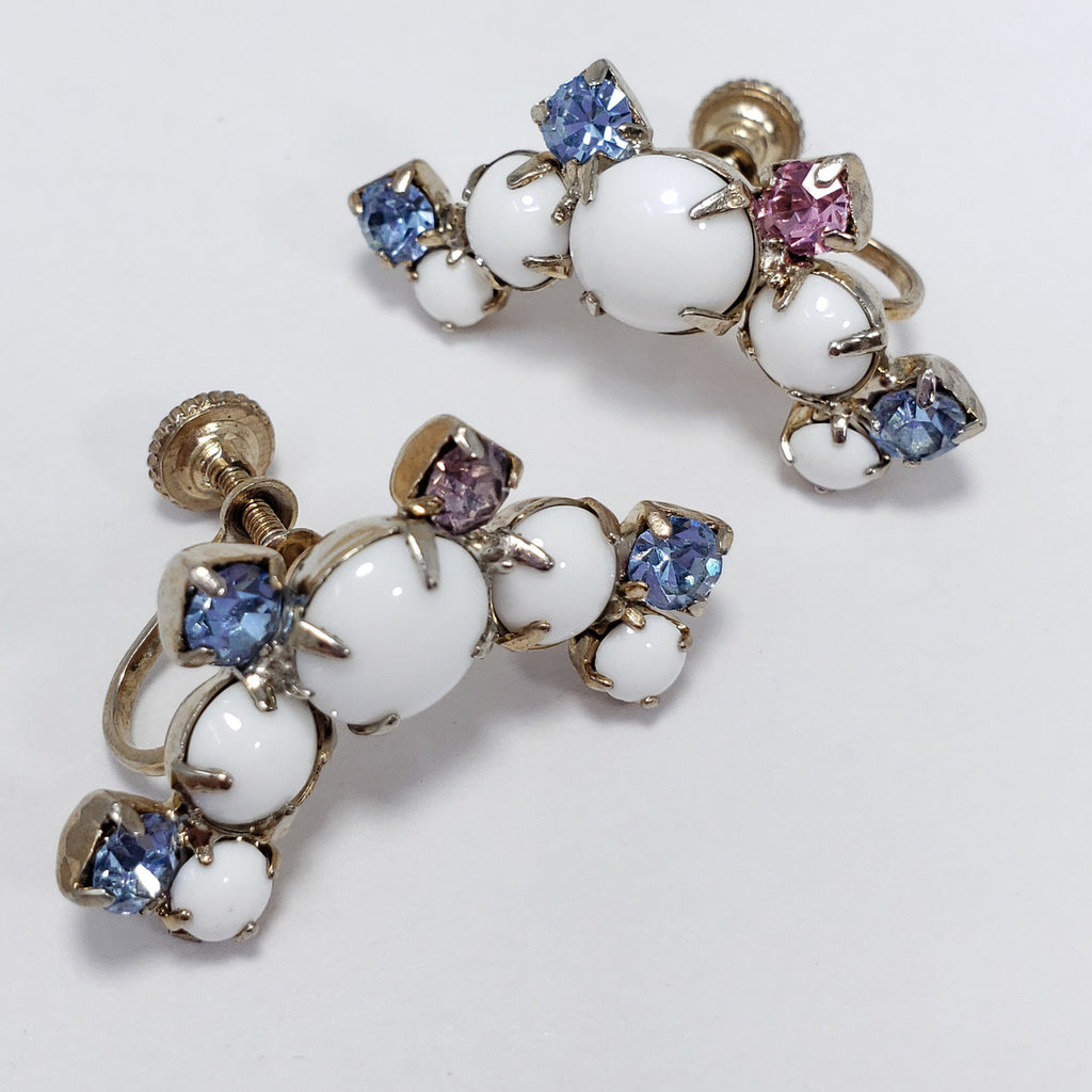Crescent Blue and Purple Crystals, Resin Cabochon Prong Set Earrings, Light Gold Tone, Screw Backs