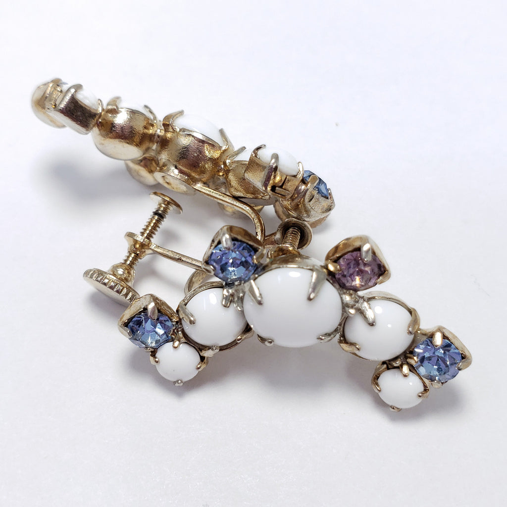 Crescent Blue and Purple Crystals, Resin Cabochon Prong Set Earrings, Light Gold Tone, Screw Backs