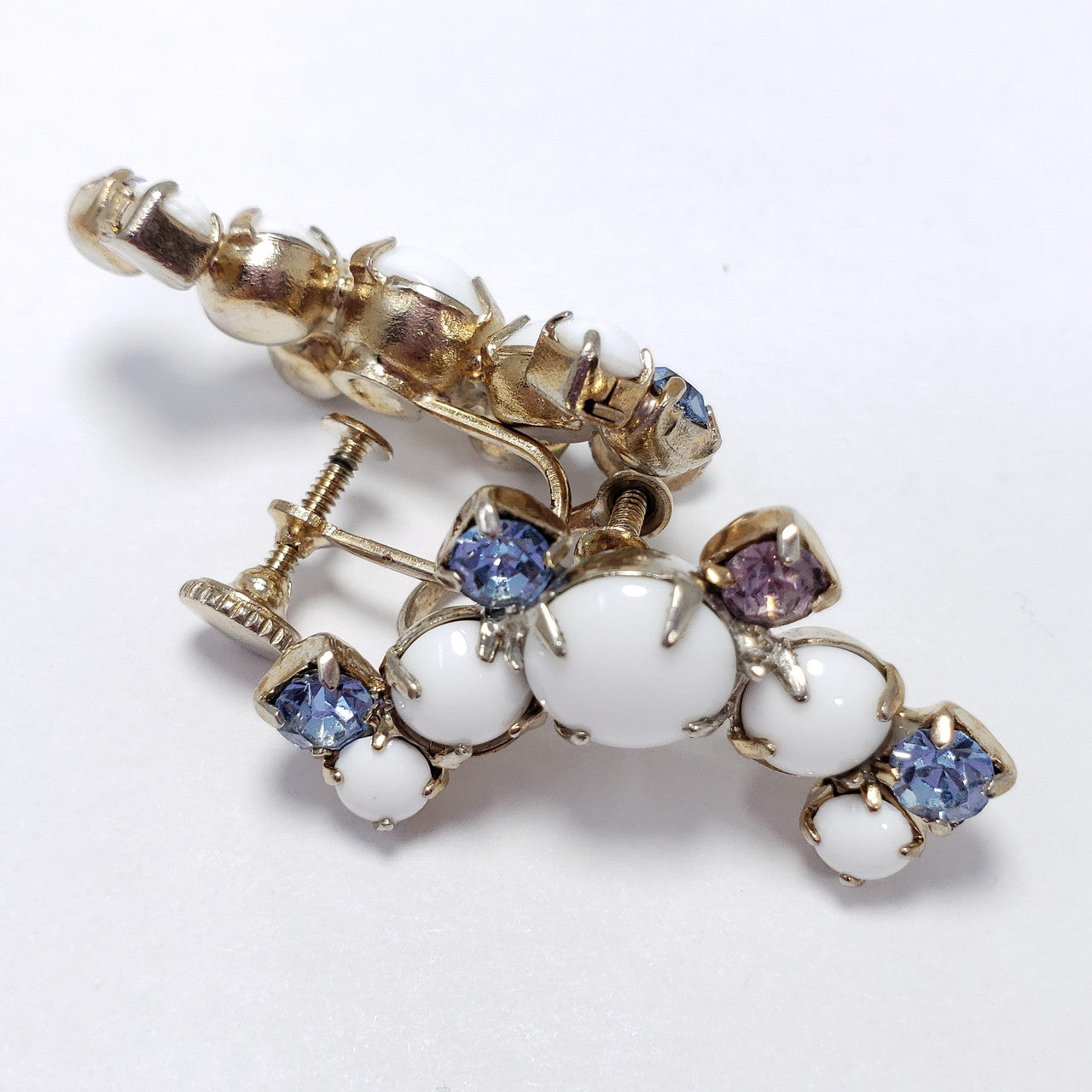Crescent Blue and Purple Crystals, Resin Cabochon Prong Set Earrings, Light Gold Tone, Screw Backs