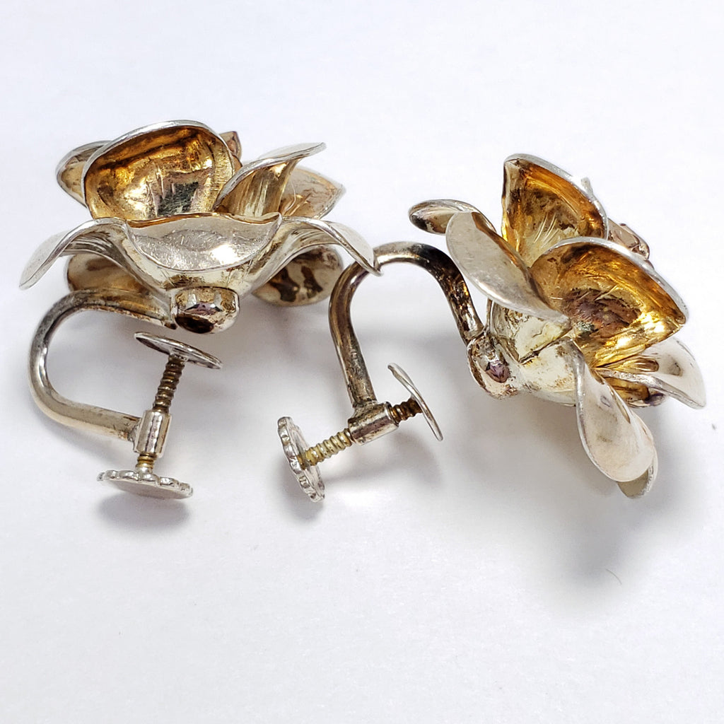 Bold Gold Tone Blooming Rose Flower Earrings