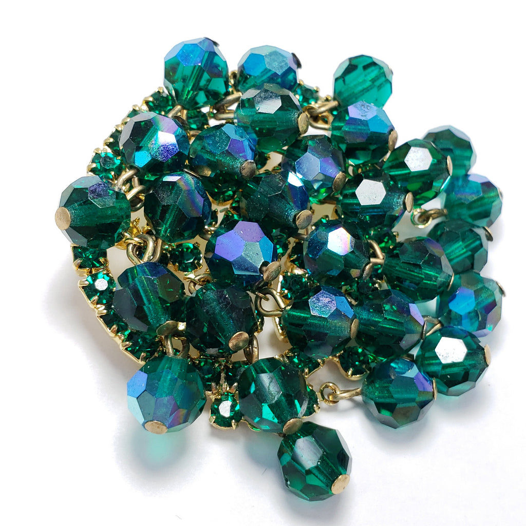 Dangling Teal Green Aurora Borealis Crystal Cluster Pin Brooch in Goldtone