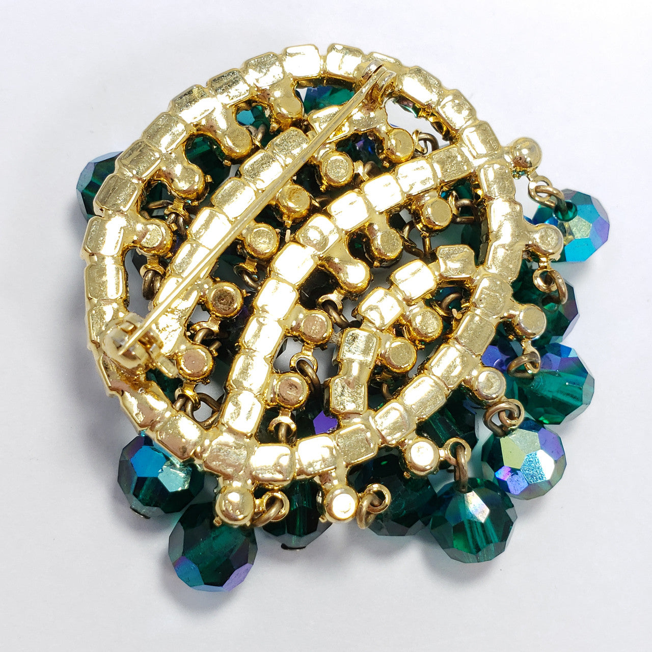 Dangling Teal Green Aurora Borealis Crystal Cluster Pin Brooch in Goldtone