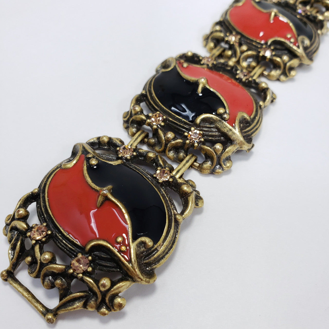 Vintage KJL Kenneth Jay Lane Red Black Enamel Crystal Link Bracelet