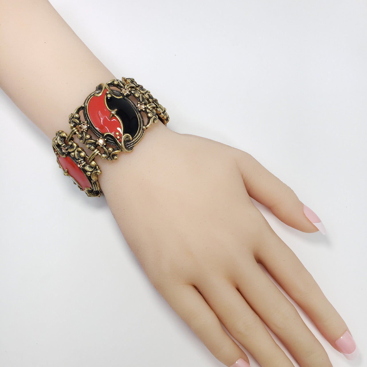 Vintage KJL Kenneth Jay Lane Red Black Enamel Crystal Link Bracelet